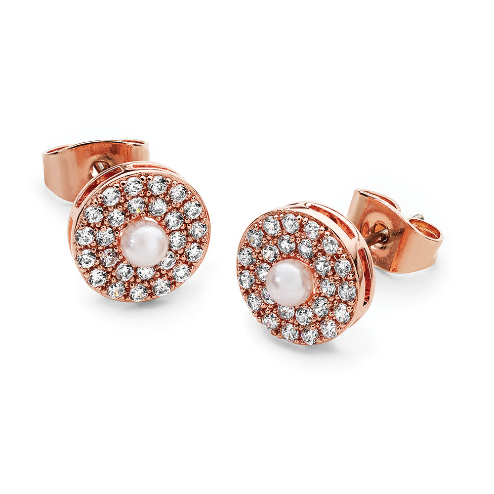 Rose Gold Pave Circle With Pearl Earrings by Tipperary Crystal (118034)