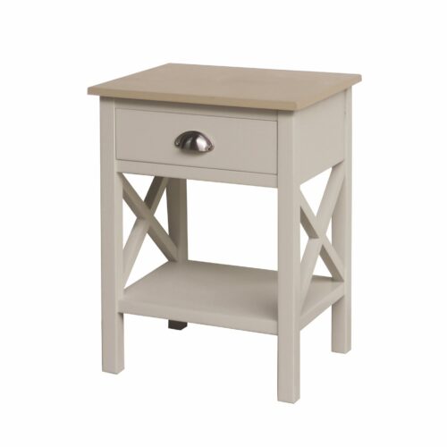 Linen cream wooden lamp table with drawer, lower shelf and X-cross side detailing