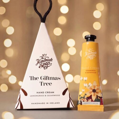 the giftmas tree hand cream, by The handmade soap company 30ml, lemongrass and cedarwood hand cream, €10 euro stocking filler, natural travel hand lotion, irish made Christmas gifts, pocket sized moisturizer, vegan hand cream ireland, non greasy hand lotion.