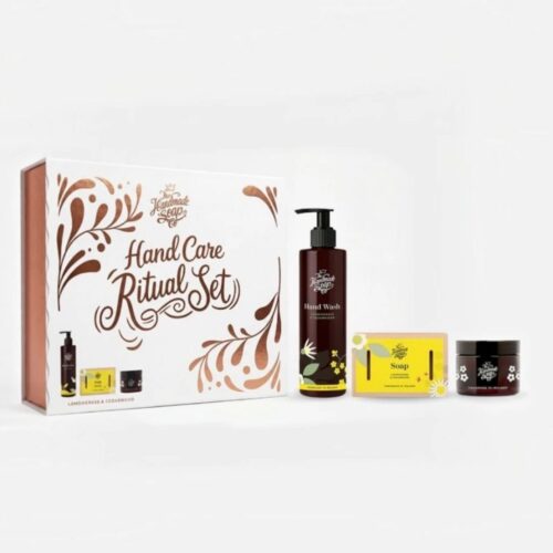 • The Handmade Soap Company Lemongrass and Cedarwood Hand Care Ritual Set in a sustainable gift box, featuring a 250ml hand lotion, 50ml Hand Cream & 140g Soap