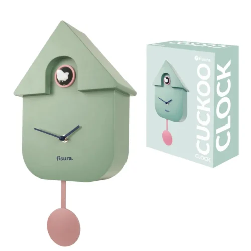 Fisura modern cuckoo clock in matte mint green with pink pendulum and white bird