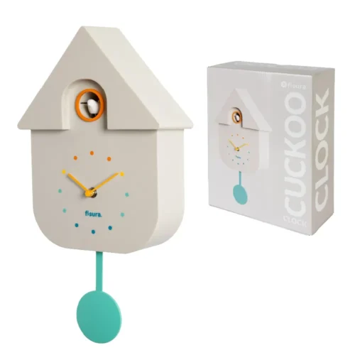 Fisura Minimalist Cuckoo Clock in white with colours Features smart auto-night silencing.