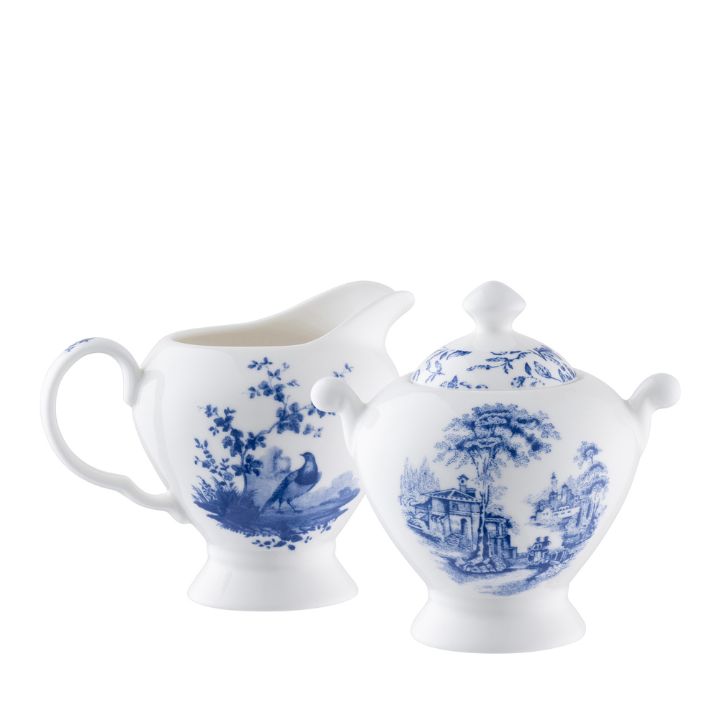 Aynsley Archive Blue Sugar and Creamer Set featuring an intricate blue transferware pastoral scene on a fine china milk jug and covered sugar bowl