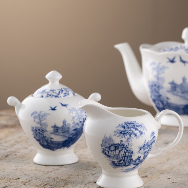 Aynsley Archive Blue Sugar and Creamer Set featuring an intricate blue transferware pastoral scene on a fine china milk jug and covered sugar bowl