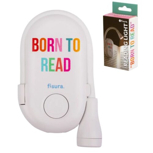 A white clip-on Fisura book reading light showing rainbow text that reads Born to Read next to its illustrated green and white presentation box.