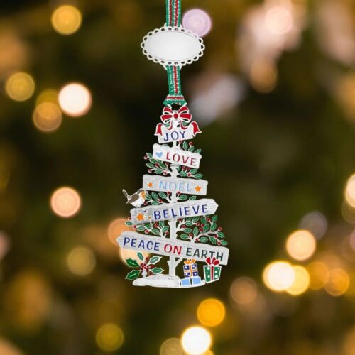 Silver-plated Peace on Earth Christmas tree decoration by Newbridge Silverware shaped like signposts with a robin and gifts.