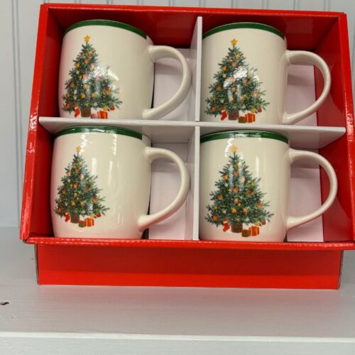 • Shannonbridge Christmas Tree Tableware range set of 4 festive porcelain mugs in a red gift box at Duiske Glass Gift Shop.