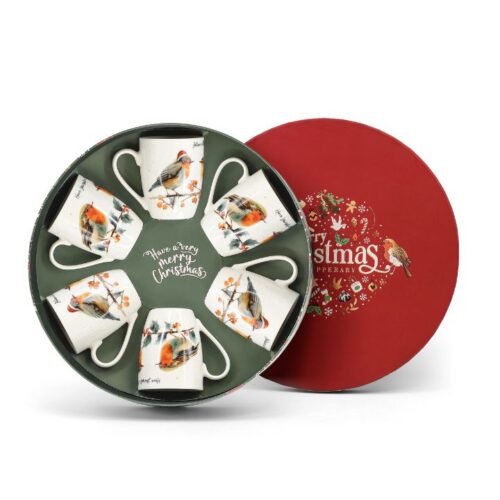 Set of 6 Tipperary Crystal Christmas Robin mugs in a red hatbox, available at Duiske Glass Gift Shop.