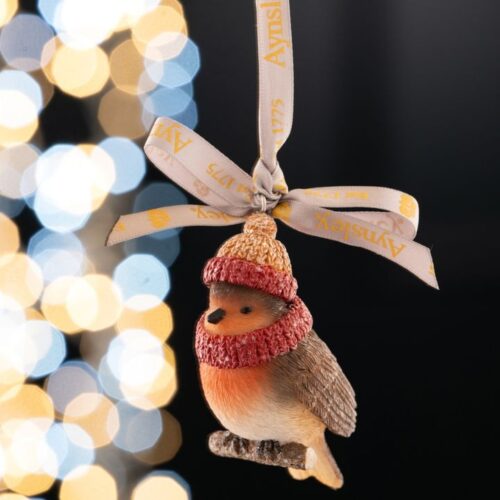 Aynsley resin hanging Christmas ornament featuring a detailed brown and orange robin bird wearing a cozy knitted pink and orange woolly winter hat and matching scarf, suspended by a branded Aynsley ribbon against blurred holiday lights.