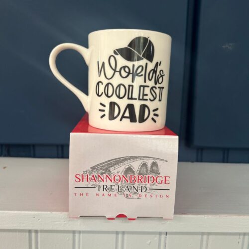 A white ceramic mug sitting on top of its box with black text that reads Worlds Coolest Dad and a baseball cap design, from Shannonbridge Ireland.